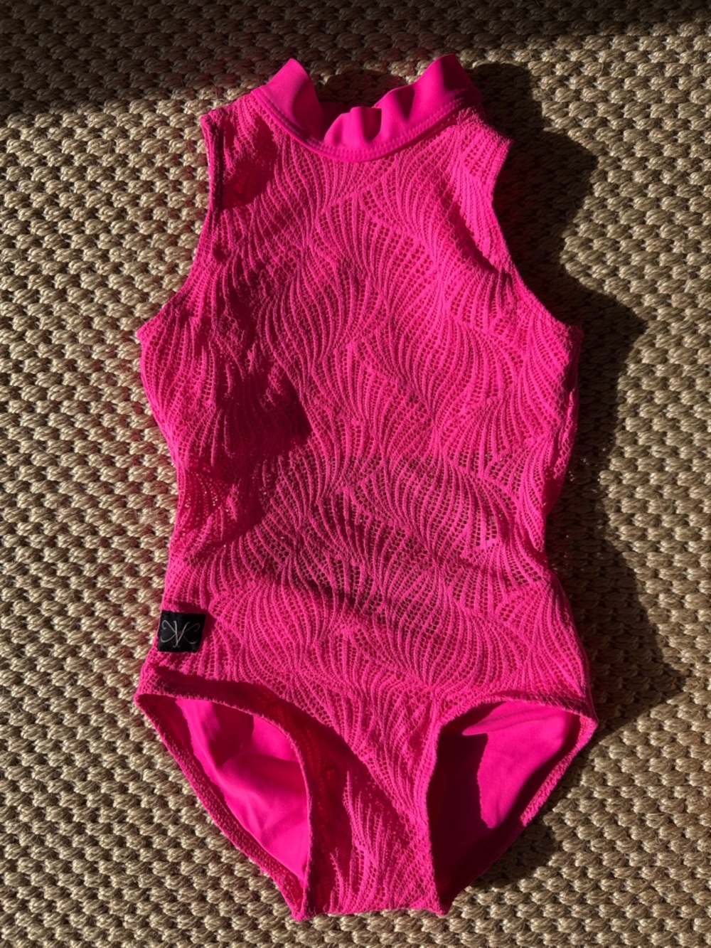 Girls' Bright Pink Textured Dance Leotard - Sleeveless High Neck 5/6